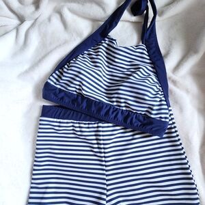 Vintage BETTIE PAGE navy and white Pin Up Style High Wasted Bikini Swimsuit